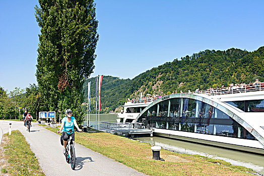客船,晶莹,码头,多瑙河,骑车,上奥地利州,奥地利