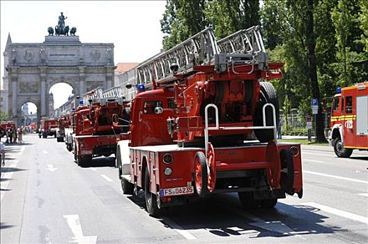 消防队,怀旧,消防车,胜利门,大门,慕尼黑,巴伐利亚,德国,欧洲