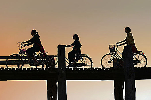 剪影,骑车,柚木桥,阿马拉布拉,曼德勒,缅甸,亚洲