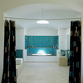 浴室,拱顶天花板,帘,沐浴,蓝色,墙,砖瓦