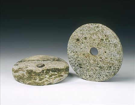 一对,绿色,石头,盘形,新石器时代,中国,艺术家,未知