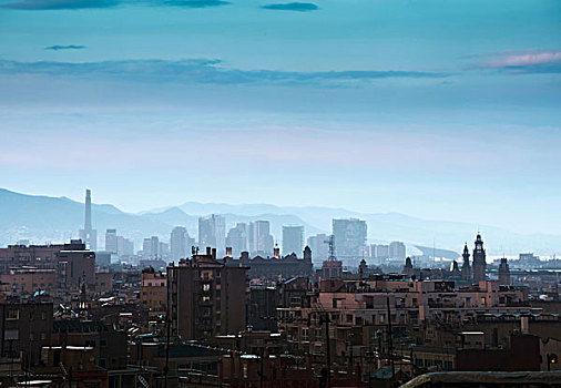 城市,朦胧,天际线,黄昏,巴塞罗那,西班牙