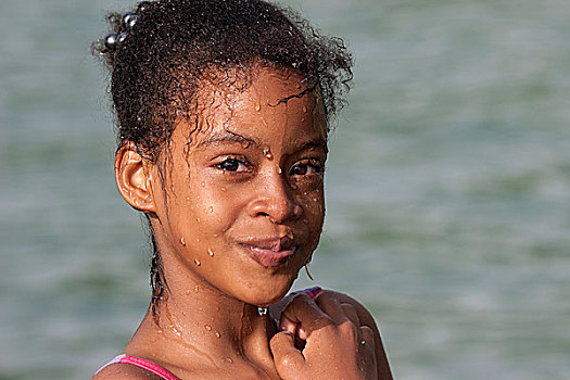 女孩,水滴,脸,头像,拉迪格岛,塞舌尔,非洲