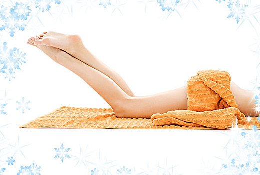 长腿,放松,女士,橙色,毛巾,雪花