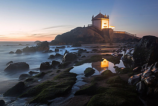 小教堂,黄昏,岩石,海滩,葡萄牙,欧洲