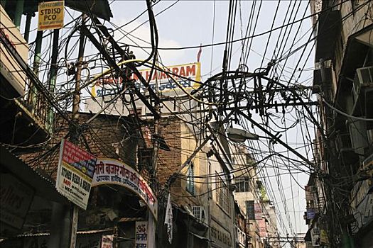 德里,印度,电源线,混乱,高处,街道,市区