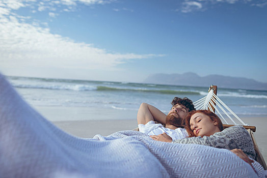 情侣,睡觉,吊床,海滩
