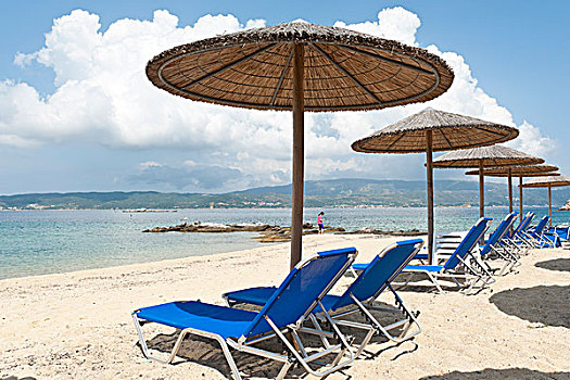 伞,空,折叠躺椅,沙滩,岛屿,希腊,欧洲