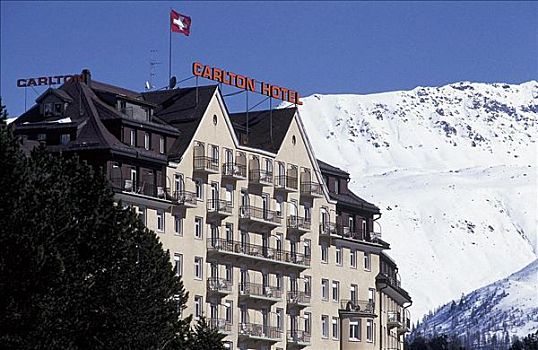 酒店,雪,山,瑞士国旗,旗帜,格劳宾登州,瑞士,欧洲