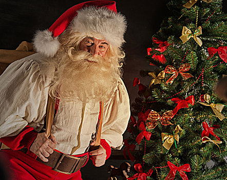 头像,圣诞老人,巨大,袋,礼物,室内,在家,靠近,圣诞树