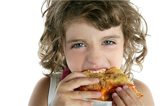 小女孩,吃饭,饥饿,比萨饼,特写,头像