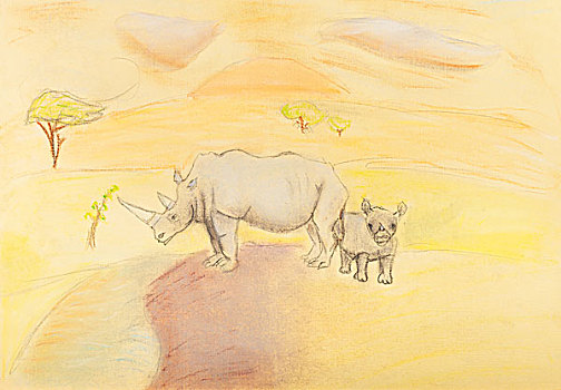 孩子,绘画,犀牛,小犀牛
