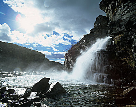 瀑布,河,彩虹,靠近,国家公园,挪威,斯堪的纳维亚,欧洲