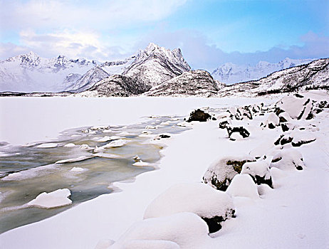 冰冻,湖,山脉,冬天,罗弗敦群岛,挪威