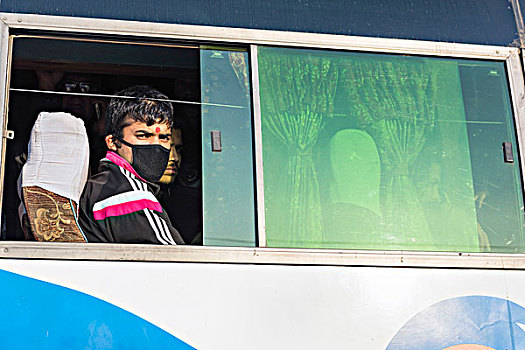 加德满都,区域,尼泊尔,人,看,窗户,巴士