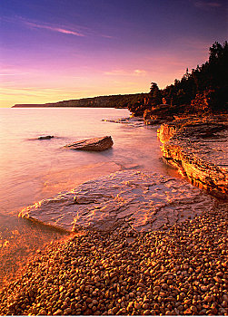 湾,日出,布鲁斯半岛国家公园,安大略省,加拿大