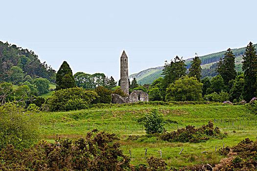 遗址,建筑,圆塔,6世纪,场所,格兰达洛,威克洛郡,爱尔兰
