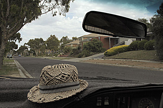草帽,坐,汽车,仪表板