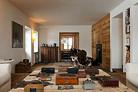 全视图,客厅,一对,扶手椅,软垫,皮,旁侧,现代,壁炉