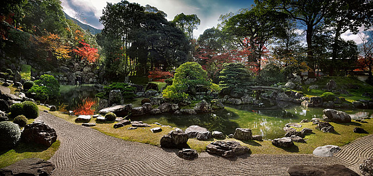 传统,日本,禅,岩石花园,水塘,白色,松树,佛教寺庙,庙宇,复杂,京都府,亚洲