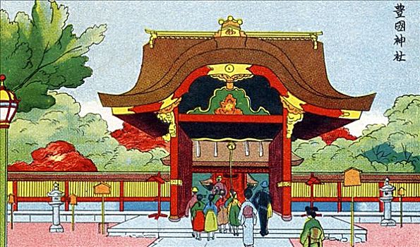 日本,旧式,插画,入口,神祠