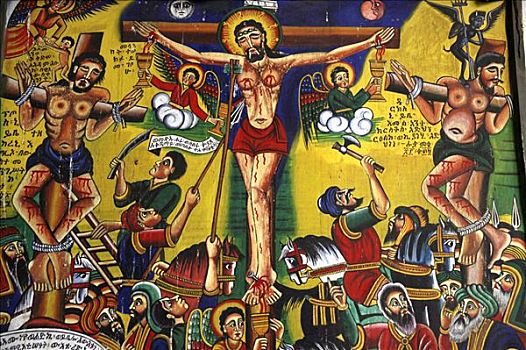 壁画,耶稣,十字架,素描,室外,女人,新,大教堂,阿克苏姆,埃塞俄比亚,非洲
