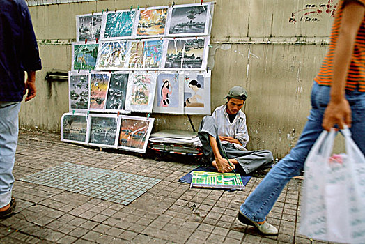 越南,胡志明市,残障,艺术家,人行道,绘画