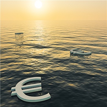 欧元,漂浮,日落,展示,钱,财富,收益