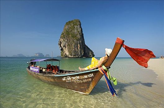 女人,躺着,船,海滩,甲米,泰国