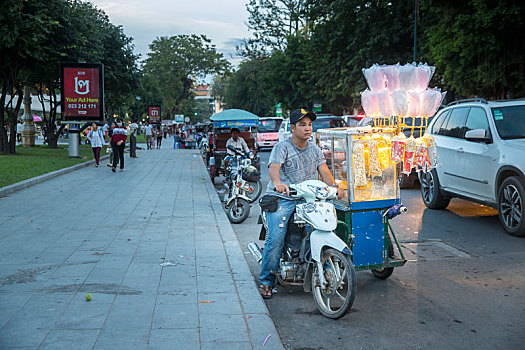 柬埔寨,金边,爆米花,销售,摩托车,水岸,湄公河