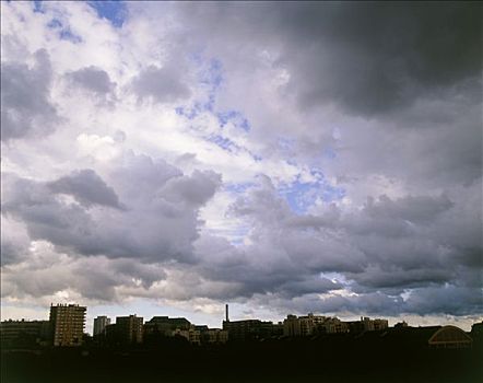 法国,巴黎郊区,雷雨天气,上方,城市
