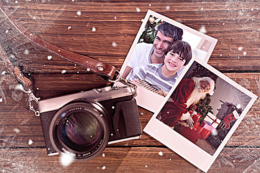 合成效果,图像,父子,拿着,圣诞礼物,照片,木地板