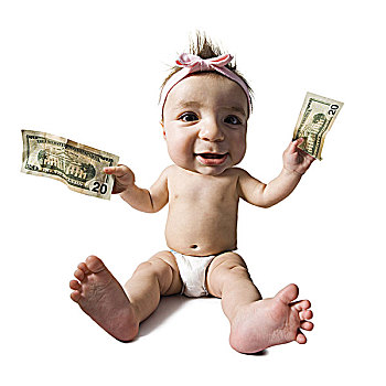 滑稽,女婴,坐,拿着,美国,20美元,钞票