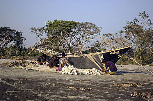 渔民,修理,网,海滩,孟加拉,一月,2008年