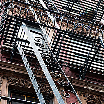仰视,防火梯,建筑,在家办公,曼哈顿,纽约,美国