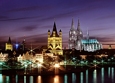 夜景,科隆,大教堂,莱茵河,河,世界遗产,北莱茵威斯特伐利亚,德国,欧洲