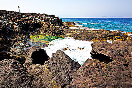 褐色,石头,白色海岸,兰索罗特岛,西班牙,海滩,水,夏天