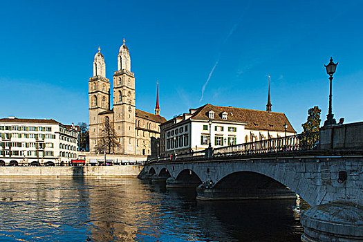 桥,穿过,水,建筑,水边,苏黎世,瑞士