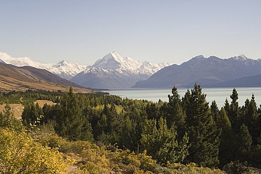 俯视,普卡基湖,库克山,南阿尔卑斯山,盆地,坎特伯雷,新西兰