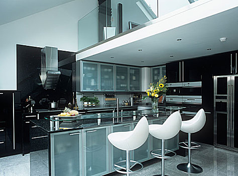 现代,厨房,黑色,白色,不锈钢,磨砂玻璃,柜厨,器具
