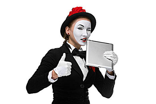 职业女性,图像,哑剧,拿着,平板电脑