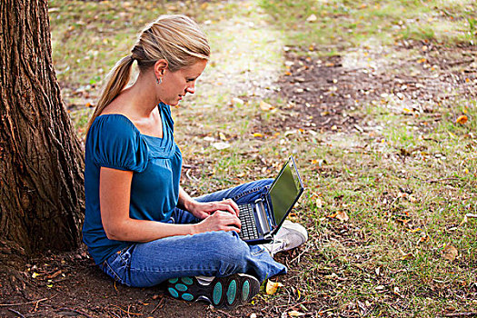 女人,工作,电脑,公园,艾伯塔省,加拿大