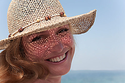 微笑,女人,穿,太阳帽