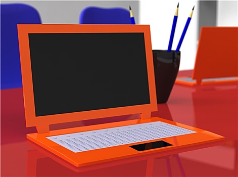 笔记本电脑,红色,桌子,蓝色,铅笔