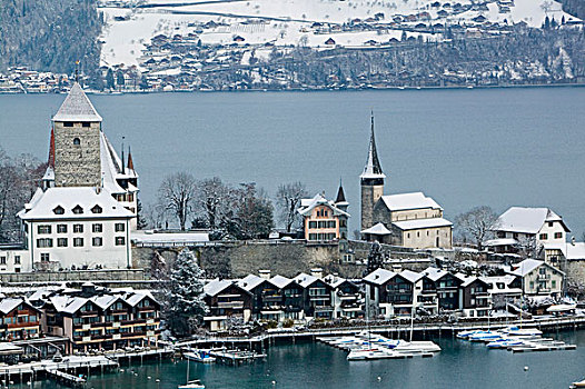 瑞士,伯恩,城镇,城堡,13世纪,湖,冬天
