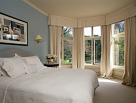 蓝色,卧室,白色,床罩,帘