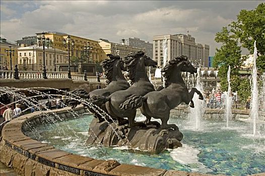 公园,马,喷泉,花园,道路,莫斯科,俄罗斯,东欧,欧洲