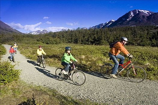 家庭,摩托车,一起,电线,小路,楚加奇州立公园,阿尔卑斯山,夏天