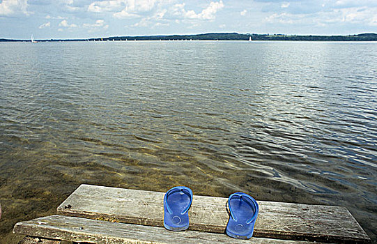 蓝色,人字拖鞋,湖