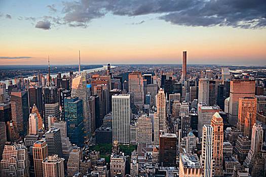 纽约,市中心,天际线,日落,摩天大楼,城市